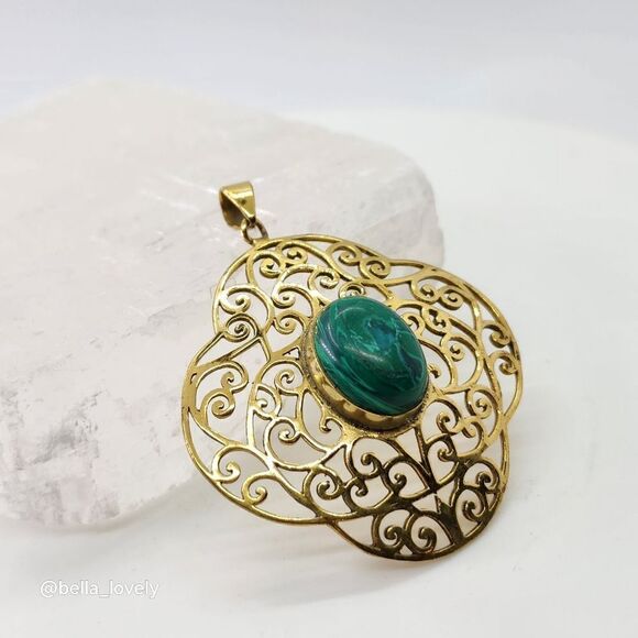 Malachite Gold Toned Ethnic Handmade Filigree Pendant Jewelry 2.27" - Picture 1 of 3